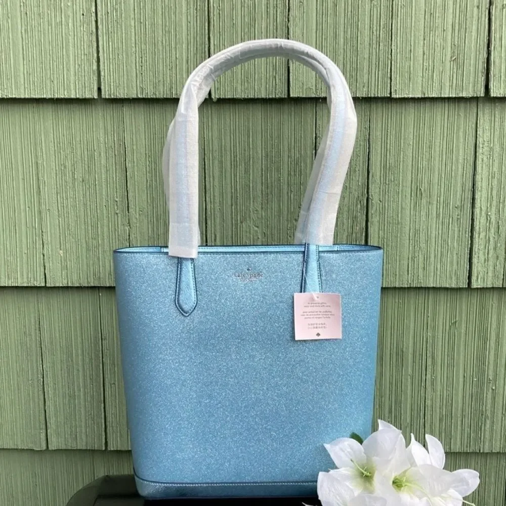 Kate Spade Tinsel Glitter Tote Frosty Sky Shoulder Bag Purse Winter